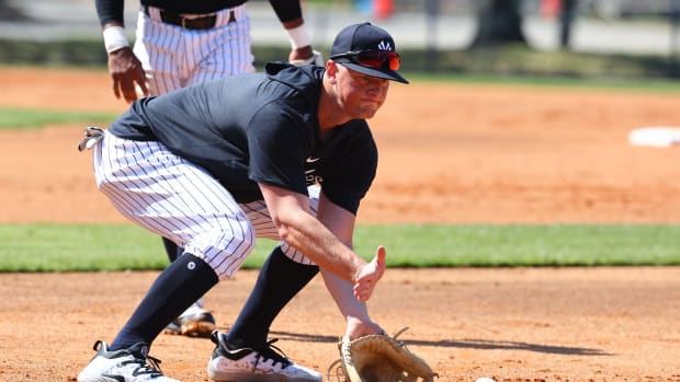 New York Yankees infielder DJ LeMahieu fielding during spring training
